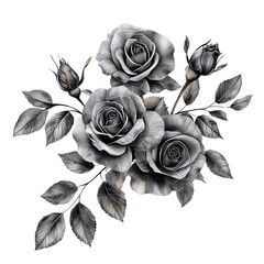 Monochrome roses bouquet, elegant floral arrangement, studio shot, grey background, ideal for greeting cards isolated on transparent or white background. Generative ai