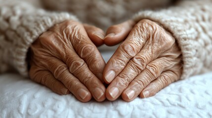 Fototapeta premium Elderly hands resting on soft white blanket. Peace, care, love, hope, aging