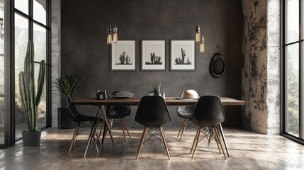 Modern dining room with dark walls, large windows, wooden table, and black chairs.