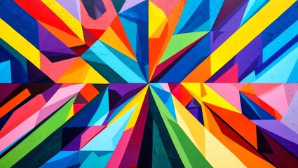Vibrant urban wall mural featuring radiant geometric patterns