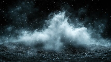 Eerie smoke rising from dark ground, stars visible in the sky, for moody background