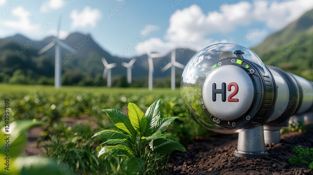 Aufkleber clean energy scene highlighting hydrogen pipeline with wind turbines in lush green field. image captures essence of sustainable energy and innovation