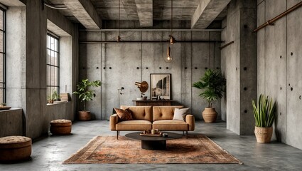Vintage industrial room with textured concrete walls