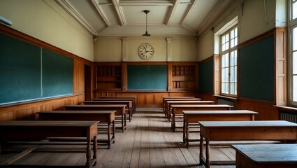 Fototapeta premium Vintage classroom featuring empty wooden benches