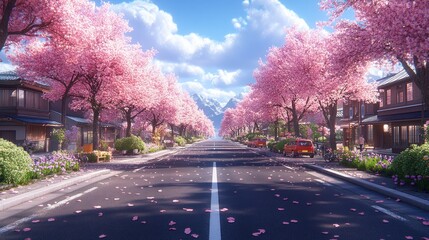 Blossom-lined road in spring, petals falling, town buildings and mountains behind. Use Travel