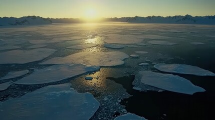 Serene Arctic Sunrise Over Floating Ice and Calm Ocean Waters