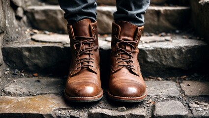 Worn brown leather boots on gritty stone steps