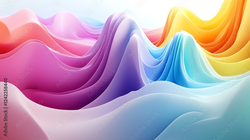 Poster colorful waves create a vibrant abstract landscape with flowing forms and smooth gradients at sunris