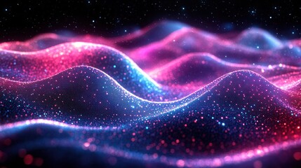 Abstract glowing pink and blue particle wave background.