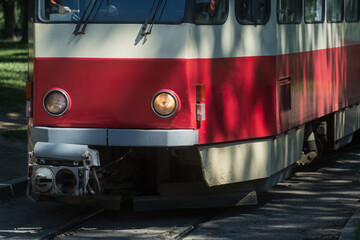Red old tram in Belgrade, Serbia. City public transport at sunny day