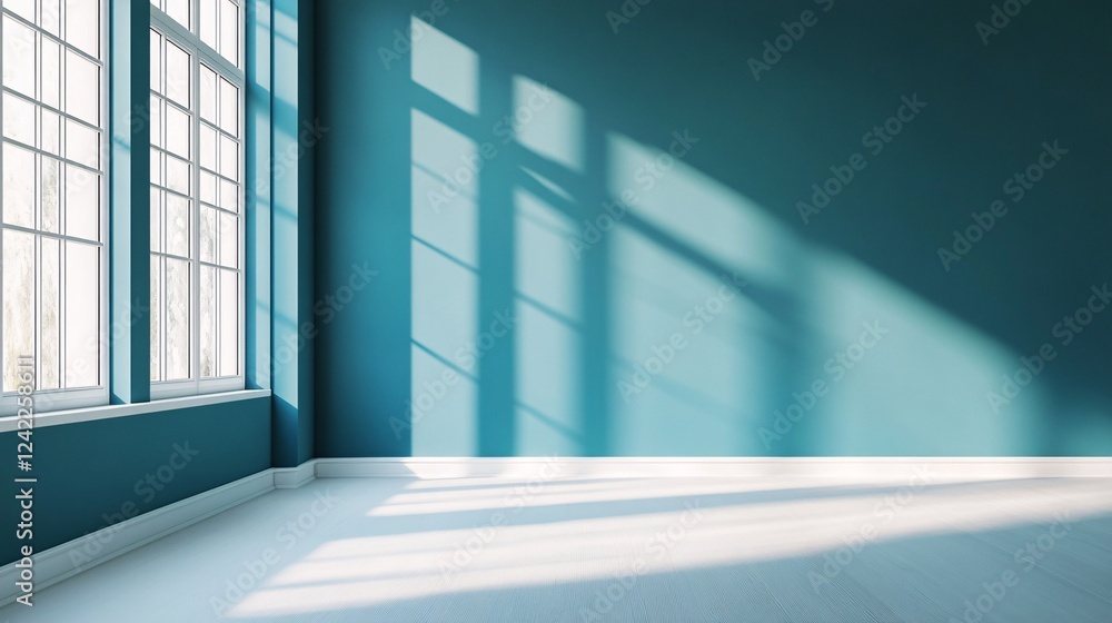 Fototapete Teal-walled room with sunlight creating geometric shadows from the window onto the empty space