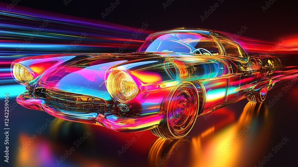 Poster retro car design illuminated with colorful light trails at night creating a vibrant and dynamic visu
