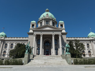 House of the National Assembly of the Republic of Serbia in old historical city center in Belgrade at daytime