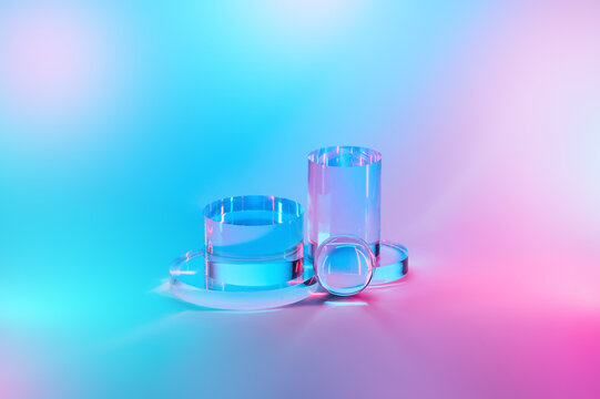 Abstract arrangement of glass cylinders and spheres in studio