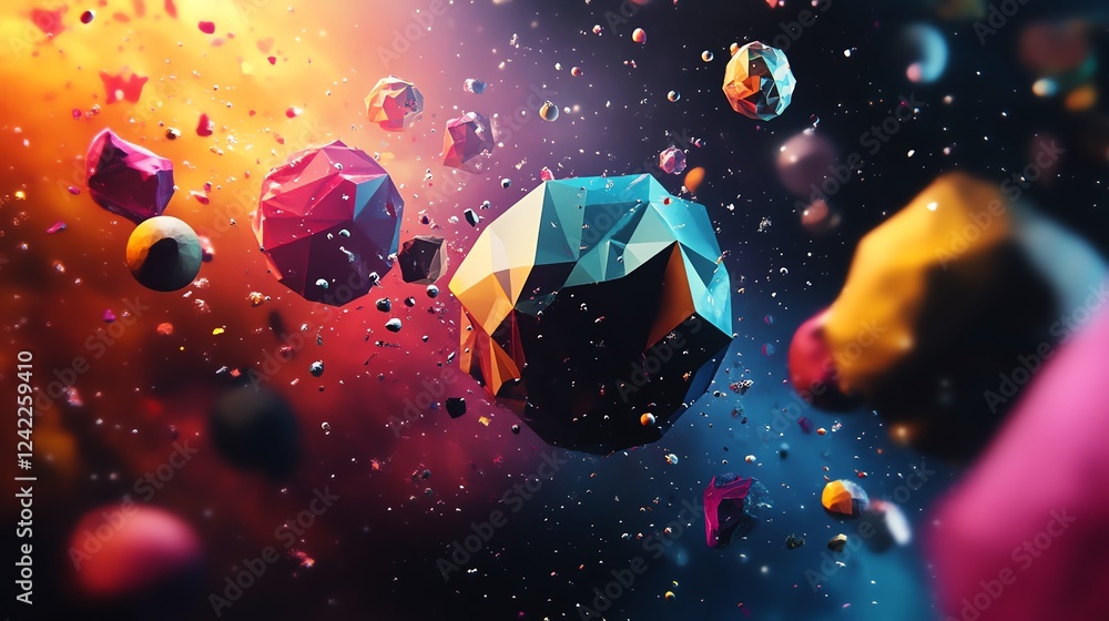 Poster abstract representation of colorful asteroids floating in a cosmic expanse with vibrant backgrounds