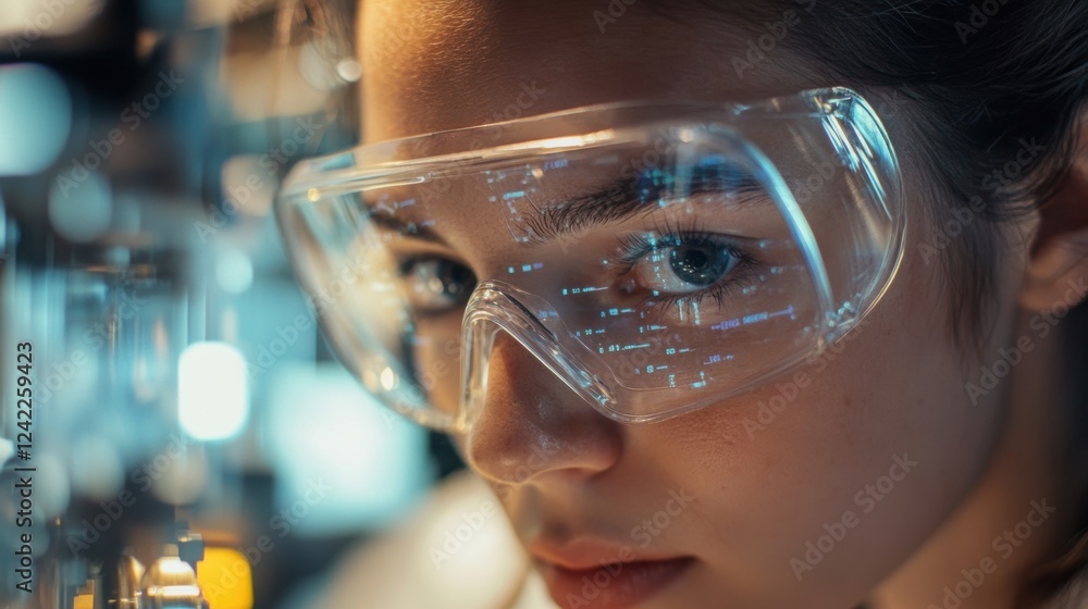 Poster close up of a scientist wearing augmented reality glasses, analyzing data displayed on the lenses wh