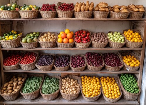 Colorful fruit, vegetable market shelf display