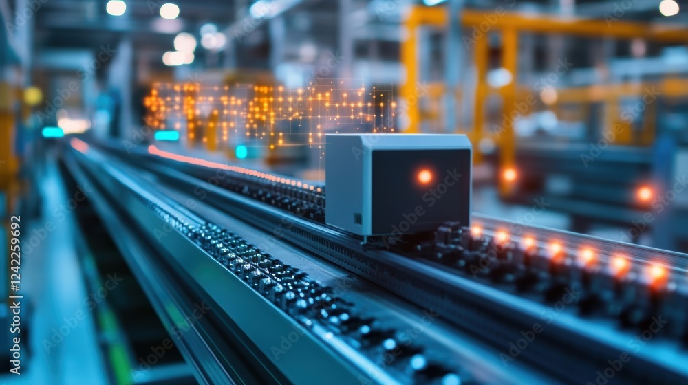 Poster automated guided vehicle - agv - moving on production line in smart factory collecting data and send
