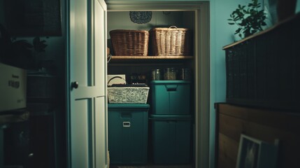 Fototapeta premium Organized Storage Space with Baskets and Containers in a Cozy Room