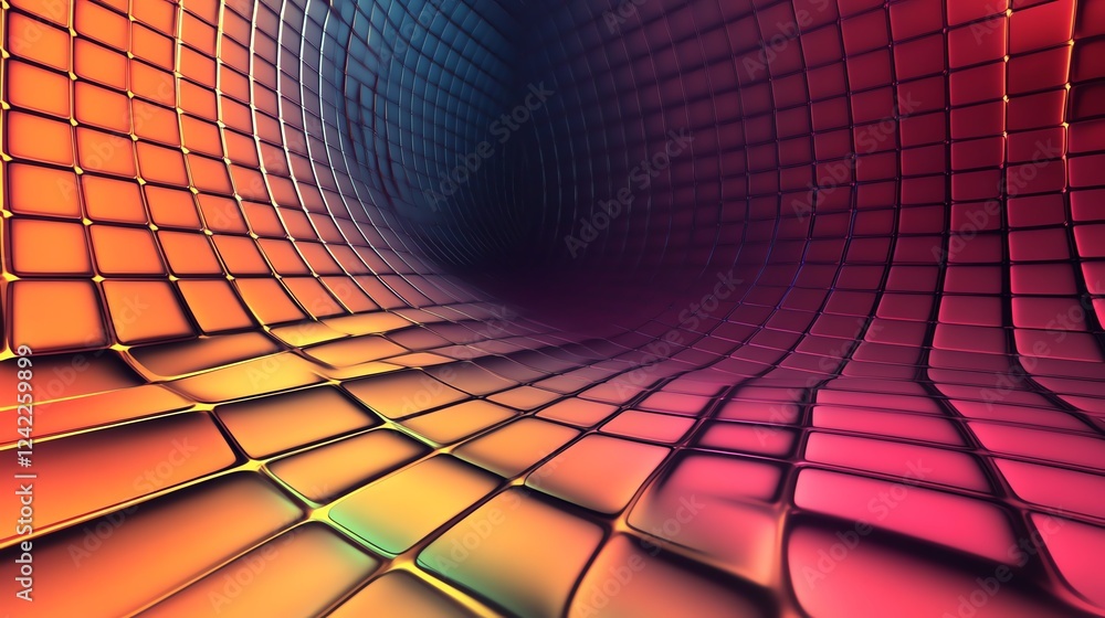 Poster colorful abstract tunnel with a grid pattern and gradient lighting in a digital space