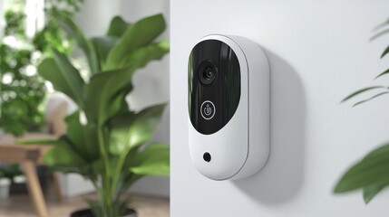 Modern Smart Doorbell Camera on Wall with Green Indoor Plants