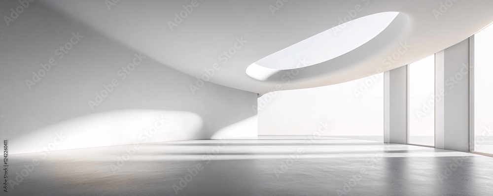 Poster large modern empty room with white walls and concrete floor illuminated by sunlight through oval win
