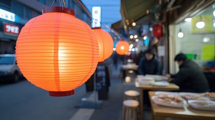 Beautiful Red Lanterns Illuminating a Vibrant Evening Street Scene