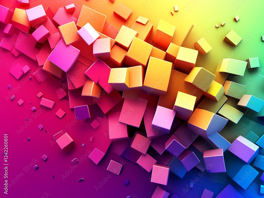 Poster colorful cubes create a dynamic abstract pattern with vibrant gradients and varying sizes