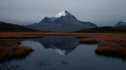 Snowy mountain reflected in calm loch, autumnal landscape, travel photography