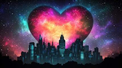 Cosmic Heart Over Futuristic Cityscape At Night