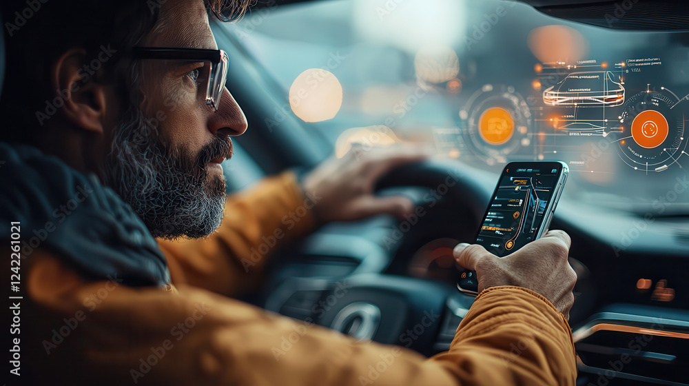 Fototapete Driving in high tech city, man uses smartphone to access smart features while navigating. futuristic dashboard displays digital information, enhancing driving experience