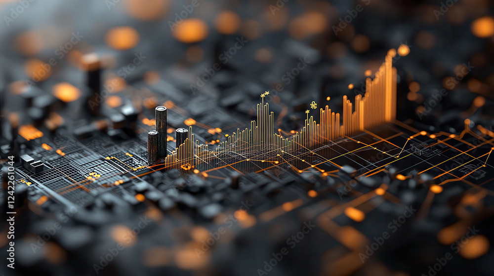 Poster dynamic 3d visualization of global economic growth with vibrant orange and black colors, showcasing 