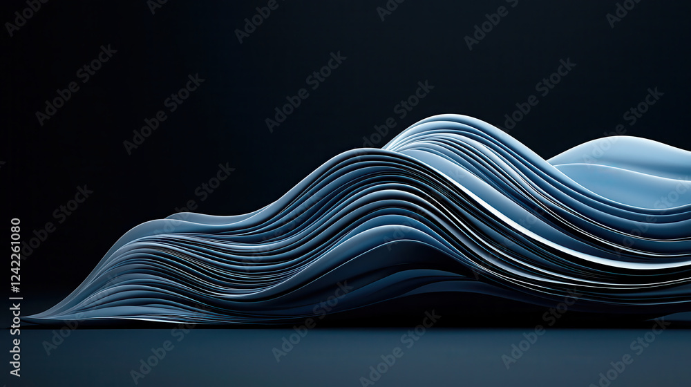 Poster dynamic abstract background featuring soft blue and white waves, creating sense of fluidity and movement. design evokes calmness and elegance, perfect for modern aesthetics