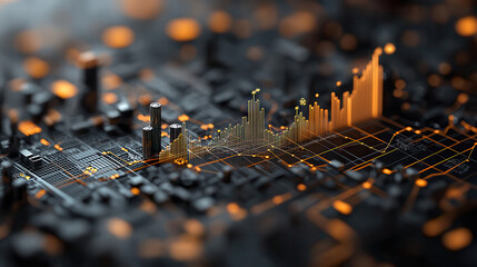 dynamic 3D visualization of global economic growth with vibrant orange and black colors, showcasing data trends and urban structures. This represents financial analytics and market performance