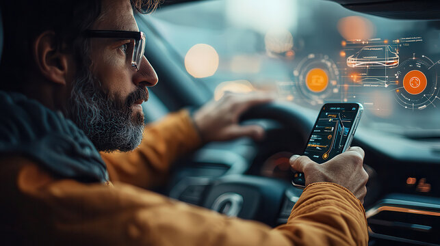 Driving in high tech city, man uses smartphone to access smart features while navigating. futuristic dashboard displays digital information, enhancing driving experience