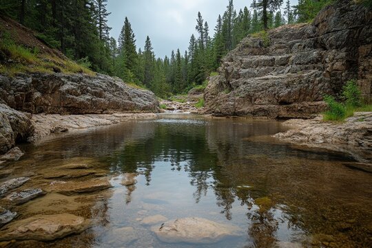 Calm creek flows through rocky canyon, trees background, nature photography