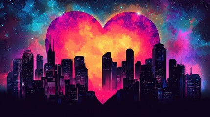 Cityscape Silhouette Framed by a Heart Shaped Cosmic Moon