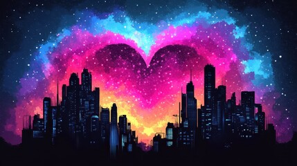 City Skyline Heart Shaped Cosmic Nebula