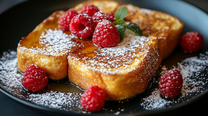 Gourmet French toast topped with fresh raspberries, powdered sugar, and drizzled maple syrup, arranged beautifully on a rustic wooden plate