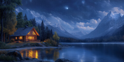 Fototapeta premium Enchanting cabin by the serene lake majestic mountains digital art evening calm captivating nature scene