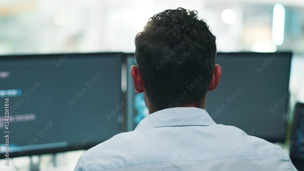 Aufkleber Man, software developer and coding with computer screen for programming or web design at office desk. Back view, male person or programmer with display for HTML, UX or AI development at workplace