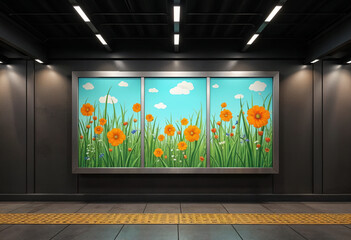 A vibrant triptych mural depicting orange flowers in a green field under a blue sky adorns a modern subway stations dark wall. Illuminated by sleek overhead lights, it brightens the transit space.