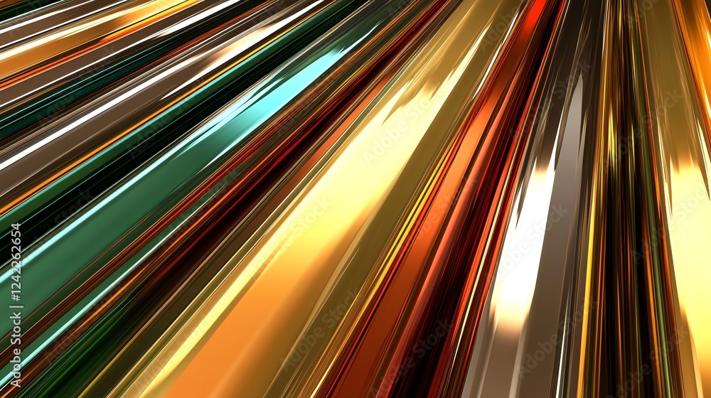 Poster colorful metallic lines radiate from a central point in a dynamic abstract design