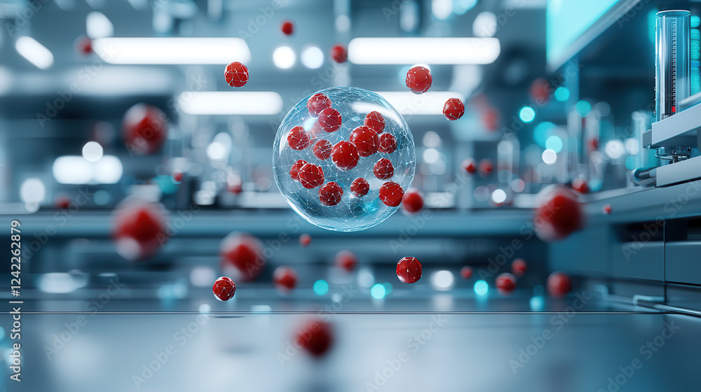 Poster futuristic pharmaceutical lab featuring floating holographic representation of molecules, showcasing