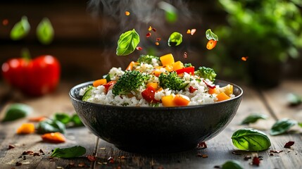 Steaming Bowl of Freshly Cooked Rice with Colorful Vegetables, Herbs, and Spices in Rustic Setting