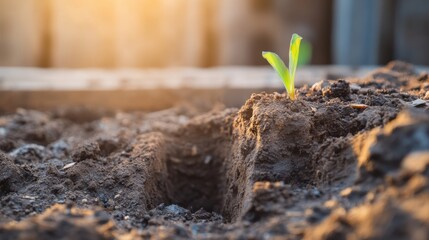 Newly Sprouted Seedling Emerging from Rich Soil at Sunrise