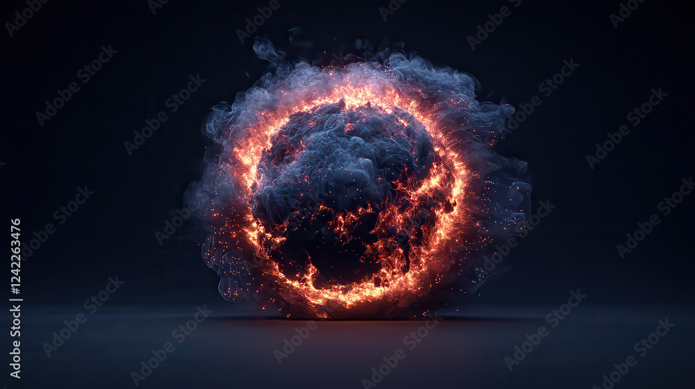 Poster glowing celestial body with fiery aura surrounded by smoke, creating dramatic visual effect. intense