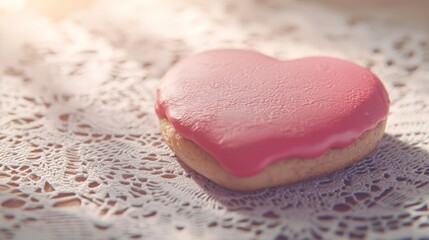 Fototapeta premium Freshly Baked Heart Shaped Cookie with Pink Icing on Lace Tablecloth