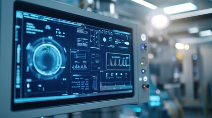 Fototapeta premium Futuristic medical monitor displaying various patient vital signs and data in a state of the art operating room, highlighting advanced technology and healthcare innovation