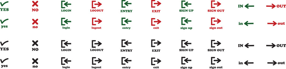 Login and logout icon set Set of sign out, Sign in vector vector collection. Open and close door symbol. Black in, out, exit and enter arrow, trendy flat style isolated on transparent background.